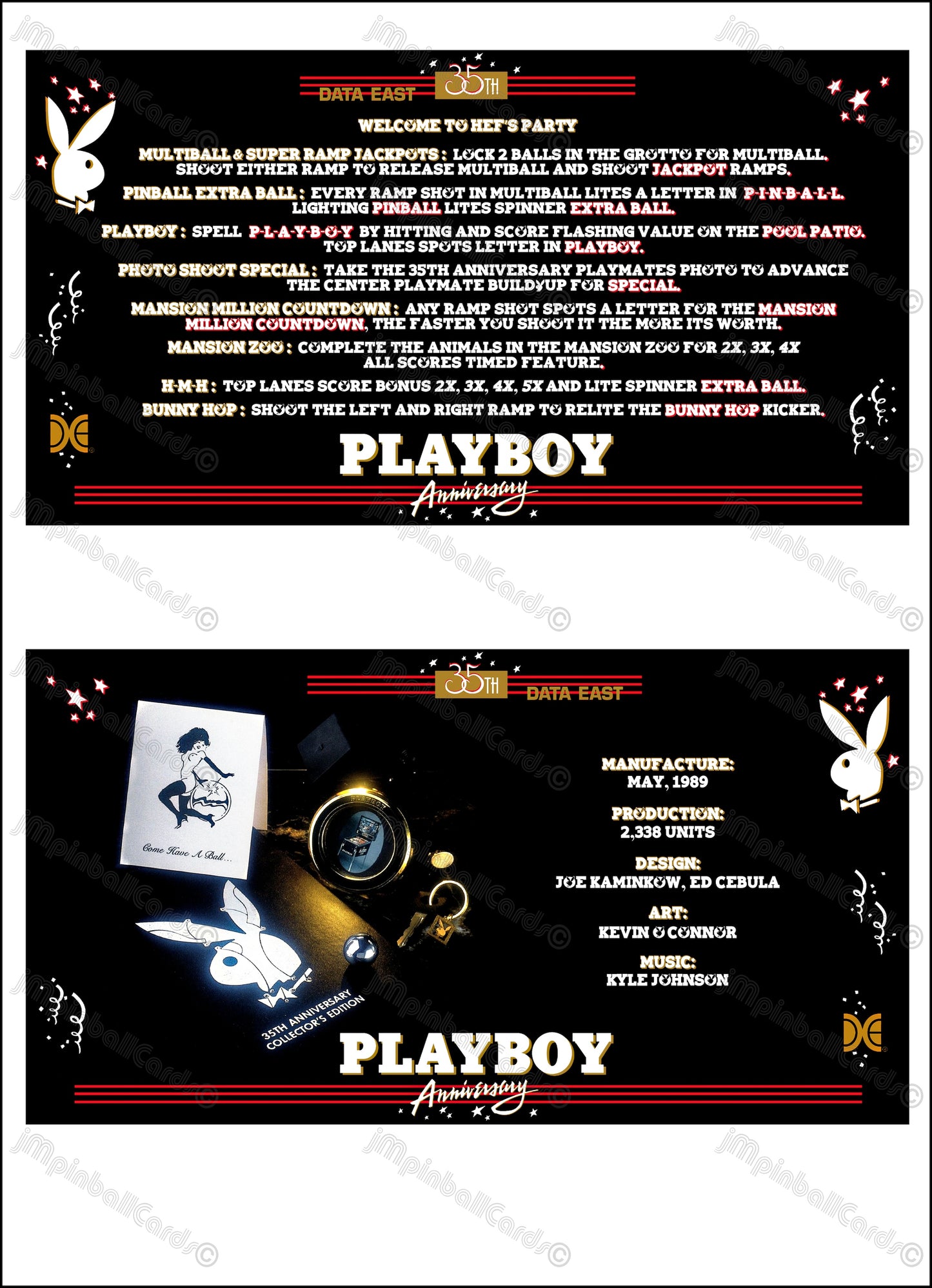 Data East Playboy 35TH Anniversary 1989 Jeu Cartes Instructions Flipper Custom Apron règles imprimées