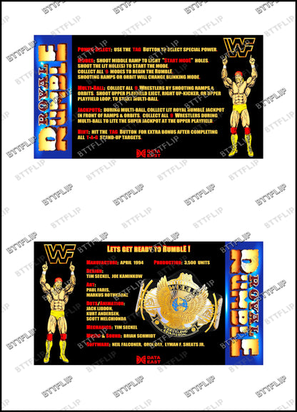 Instrucciones de tarjetas de juego Data East ROYAL RUMBLE WWF 1994 Delantal personalizado de Pinball Reglas impresas