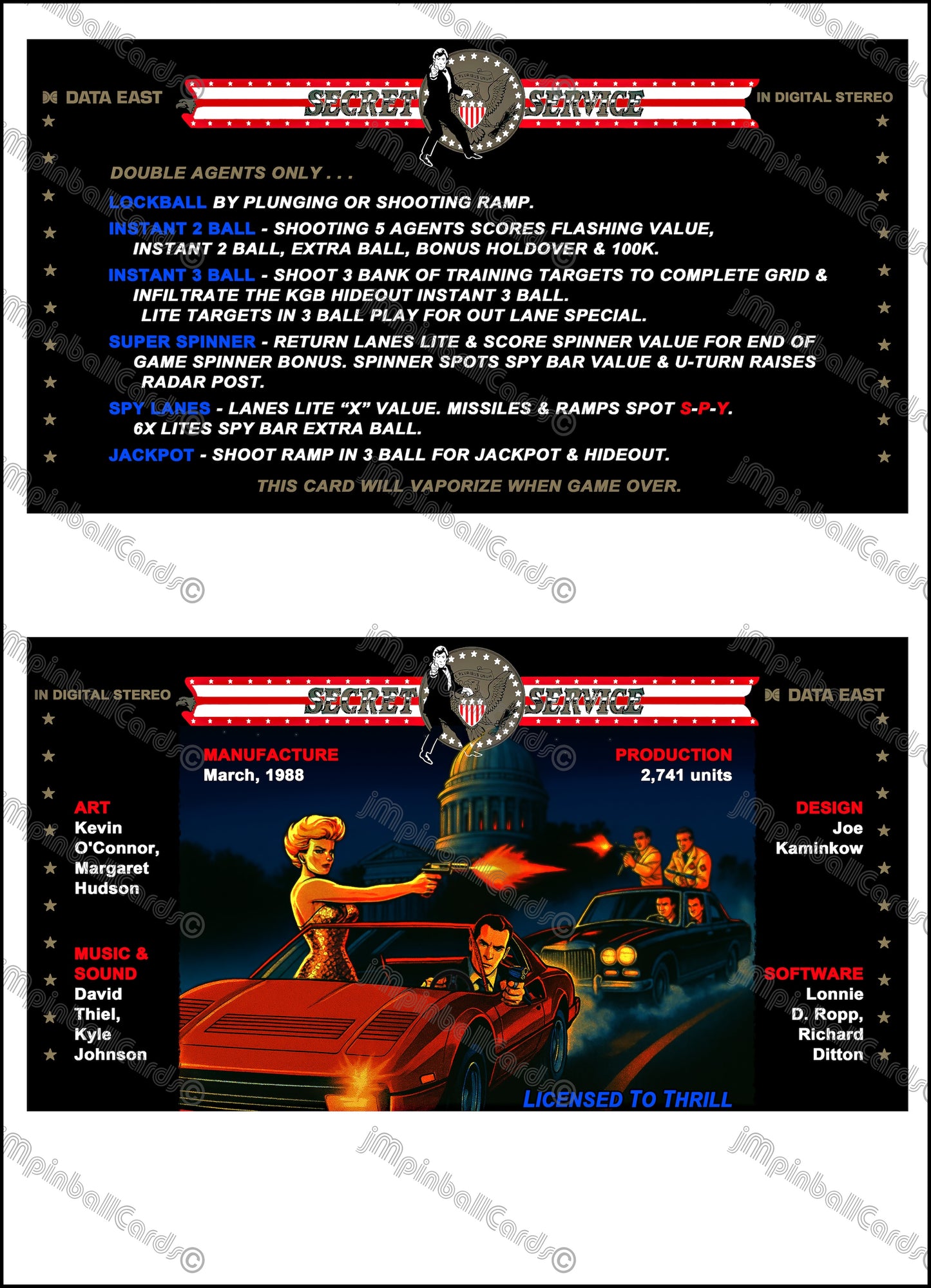 Data East Secret Service 1988 Jeu Cartes Instructions Flipper Custom Apron règles imprimées