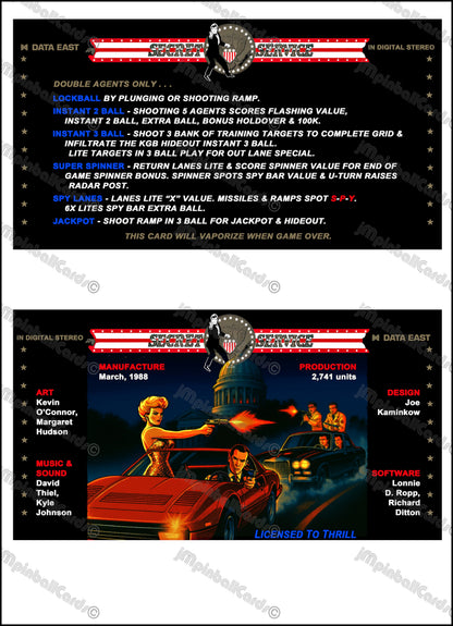Instrucciones del juego de cartas Data East Secret Service 1988 Pinball Delantal personalizado reglas impresas