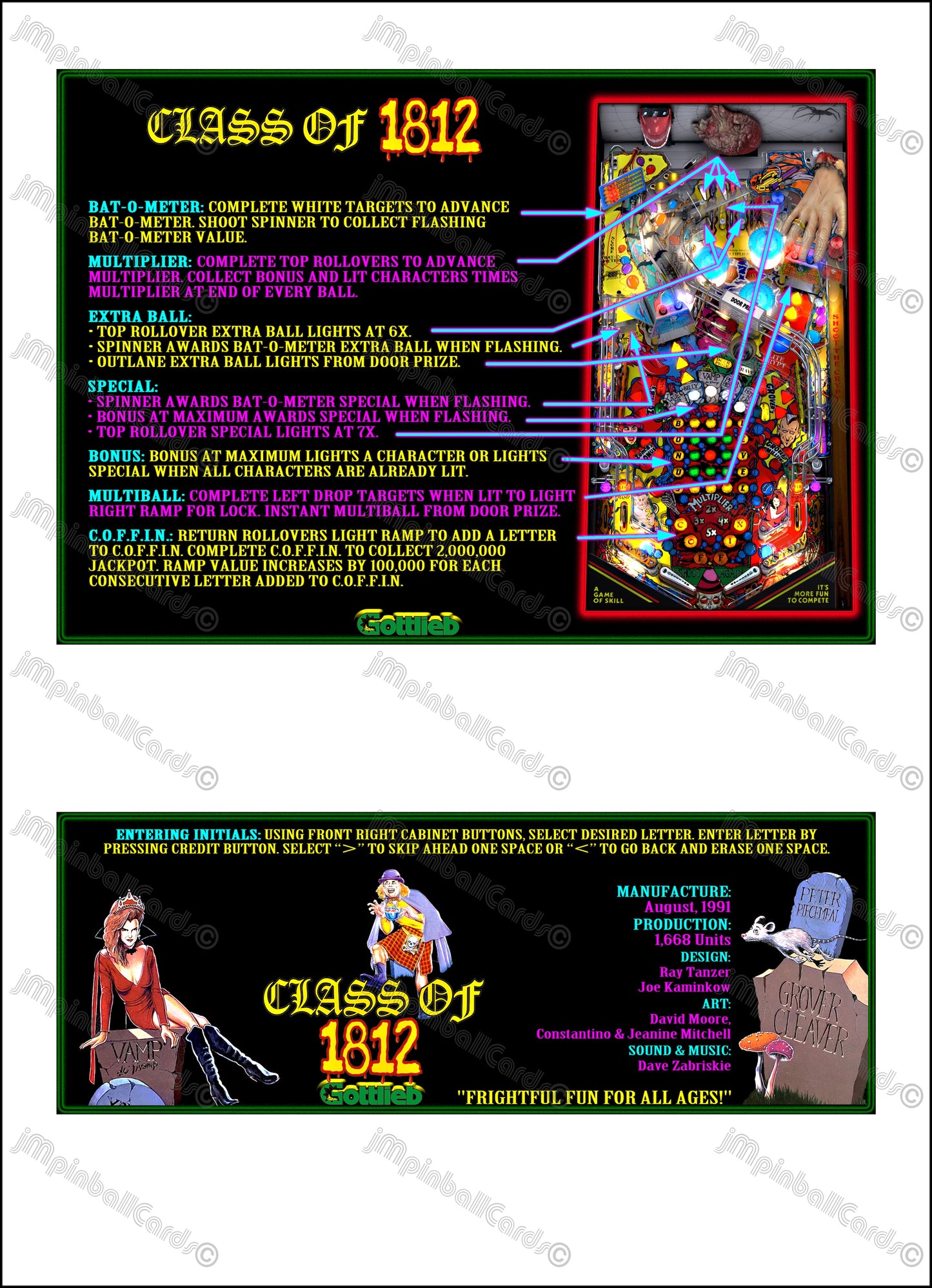 Tarjetas de juego Gottlieb 1991 CLASE DE 1812 Instrucciones Flipper Delantal personalizado reglas impresas