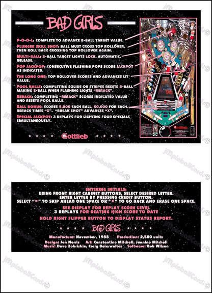 Instrucciones de las tarjetas del juego Gottlieb Bad Girls 1988, reglas impresas del delantal personalizado de pinball