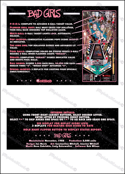 Gottlieb Bad Girls 1988 Jeu Cartes Instructions Flipper Custom Apron règles imprimées