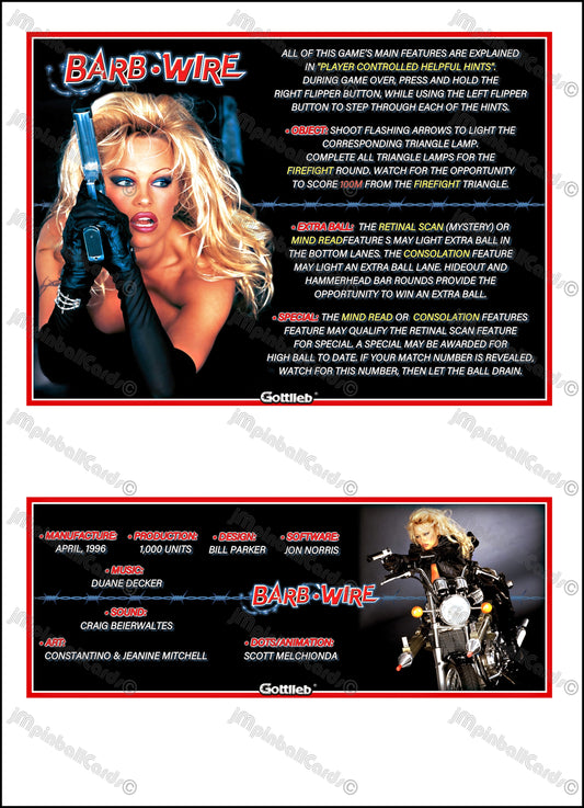 Instrucciones para tarjetas de pinball Gottlieb Barb Wire de 1996 - Tarjetas de pinball personalizadas con impresión de delantal, Pamela Anderson