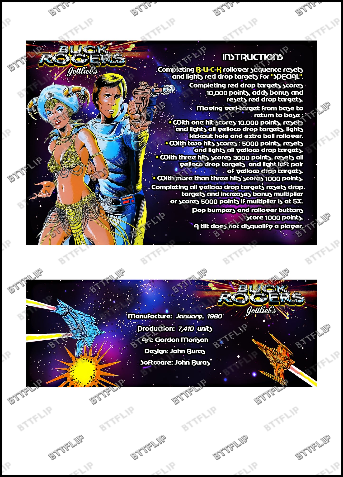 Instrucciones de las tarjetas de juego Gottlieb BUCK ROGERS 1980 Pinball Delantal personalizado reglas impresas