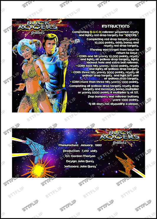 Gottlieb BUCK ROGERS 1980 Jeu Cartes Instructions Flipper Custom Apron règles imprimées