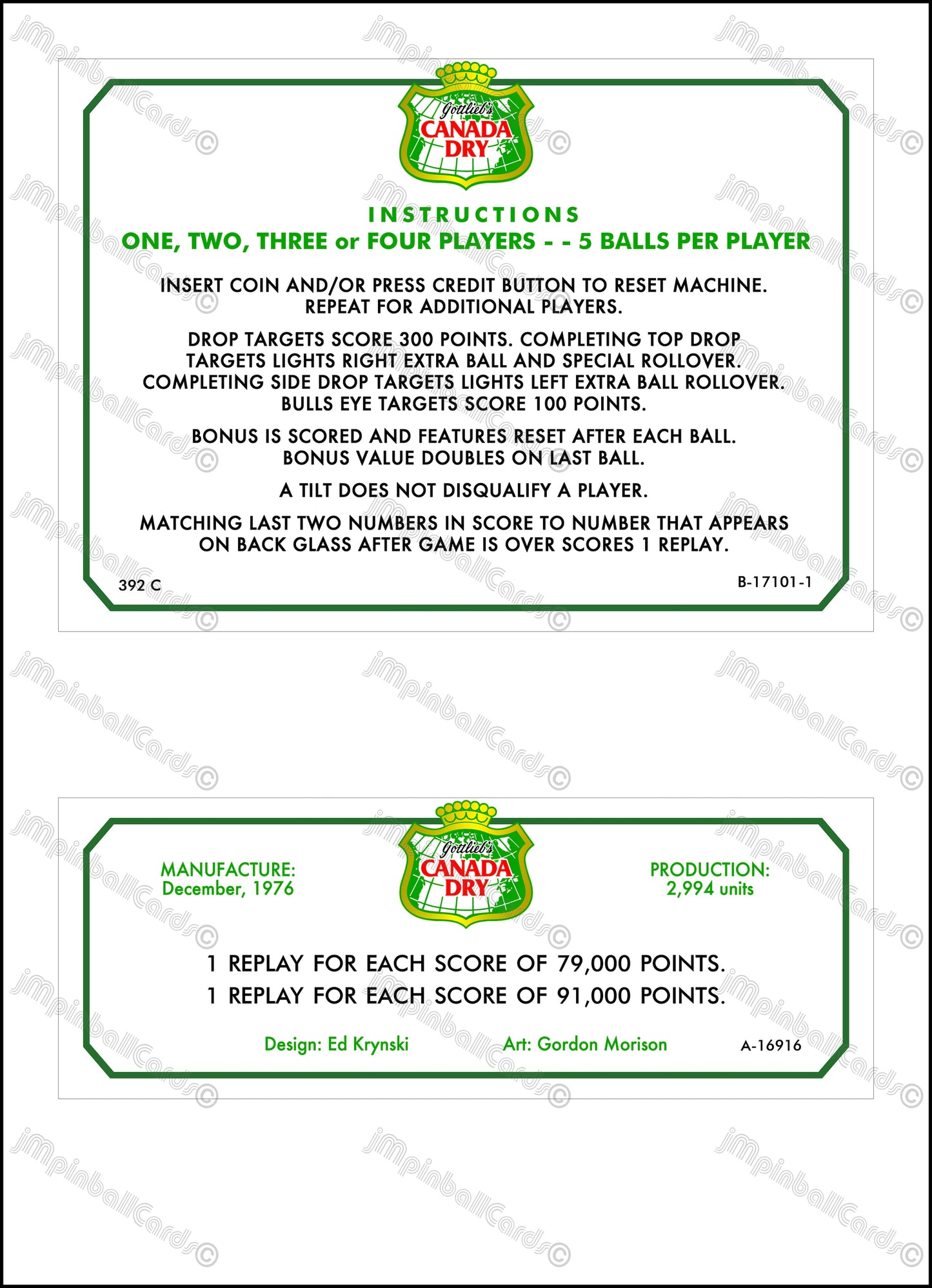 Instrucciones de las tarjetas de juego Gottlieb Canada Dry 1976, delantal personalizado Flipper, reglas impresas