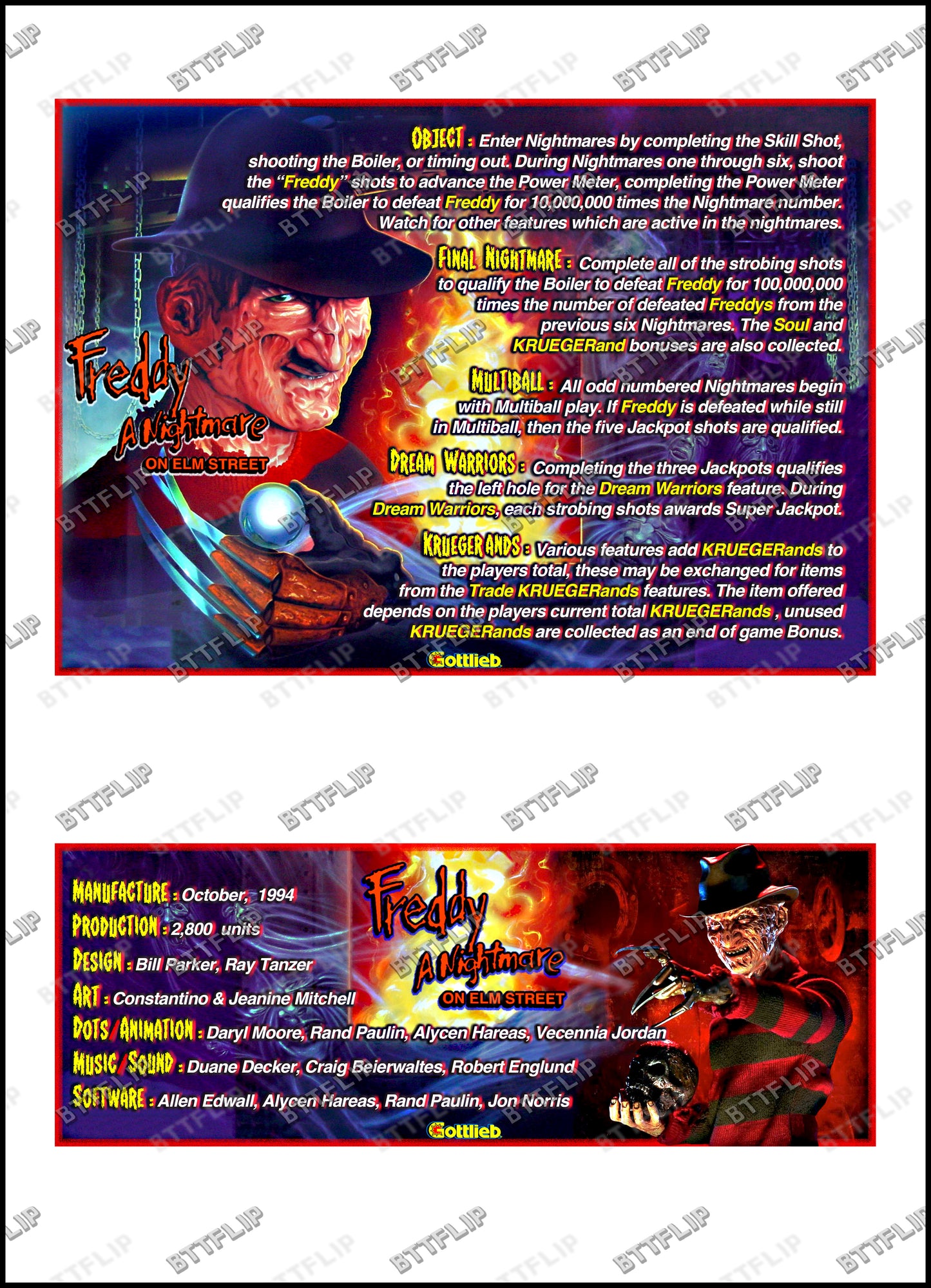 Gottlieb FREDDY A Nightmare On Elm Street 1994 Jeu Cartes Instructions Flipper Custom Apron règles imprimées