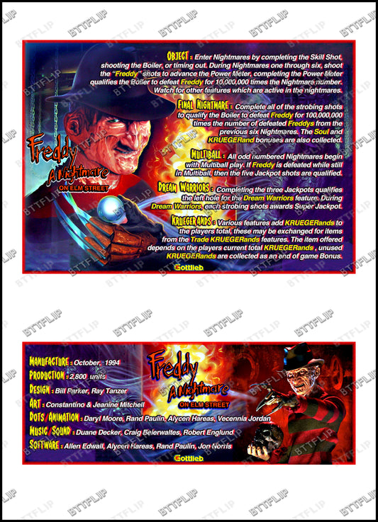 Gottlieb FREDDY A Nightmare On Elm Street 1994 Jeu Cartes Instructions Flipper Custom Apron règles imprimées
