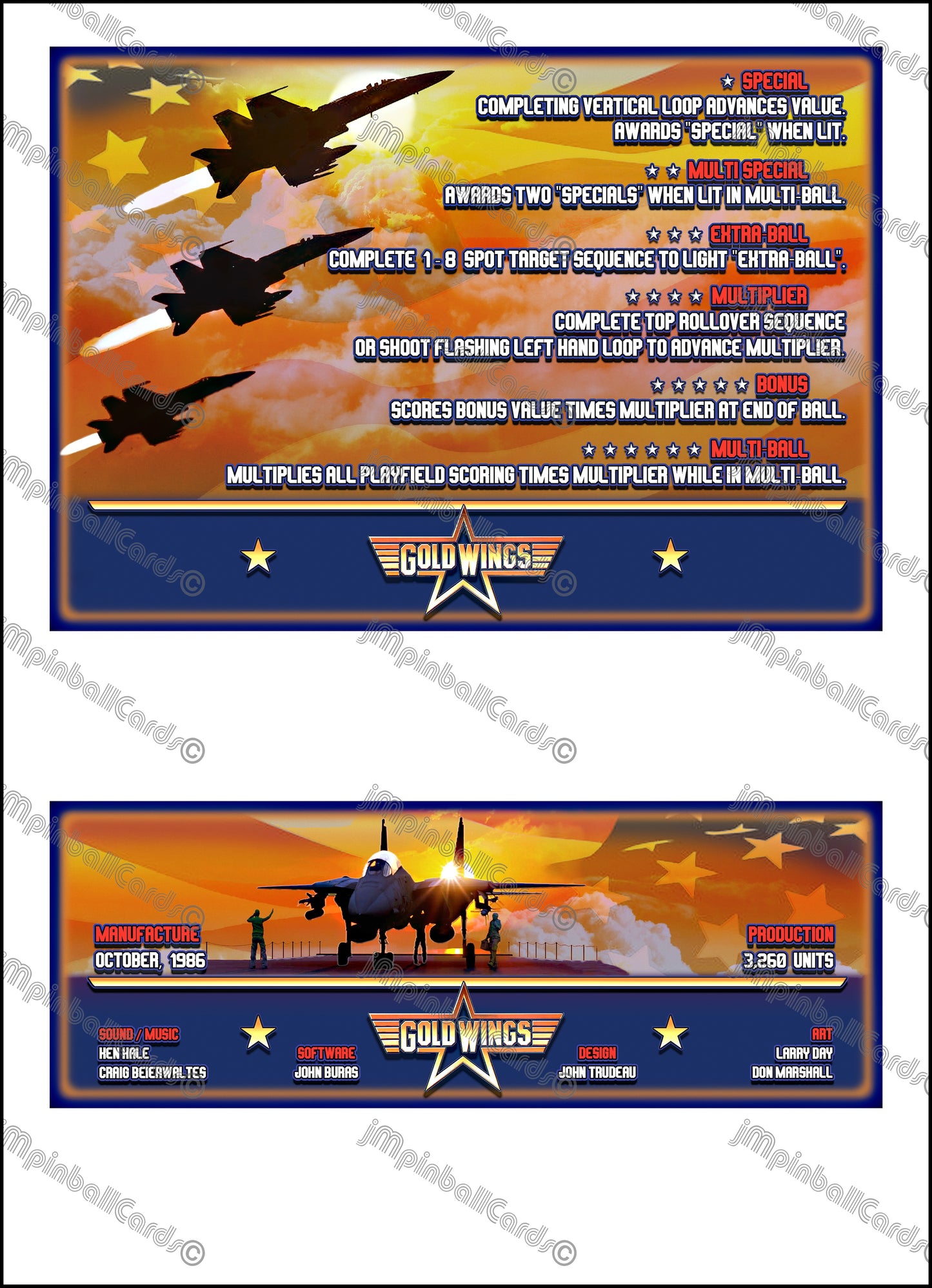 Instrucciones de las tarjetas del juego Gottlieb Gold Wings 1986, tarjetas de pinball personalizadas con impresión de delantal
