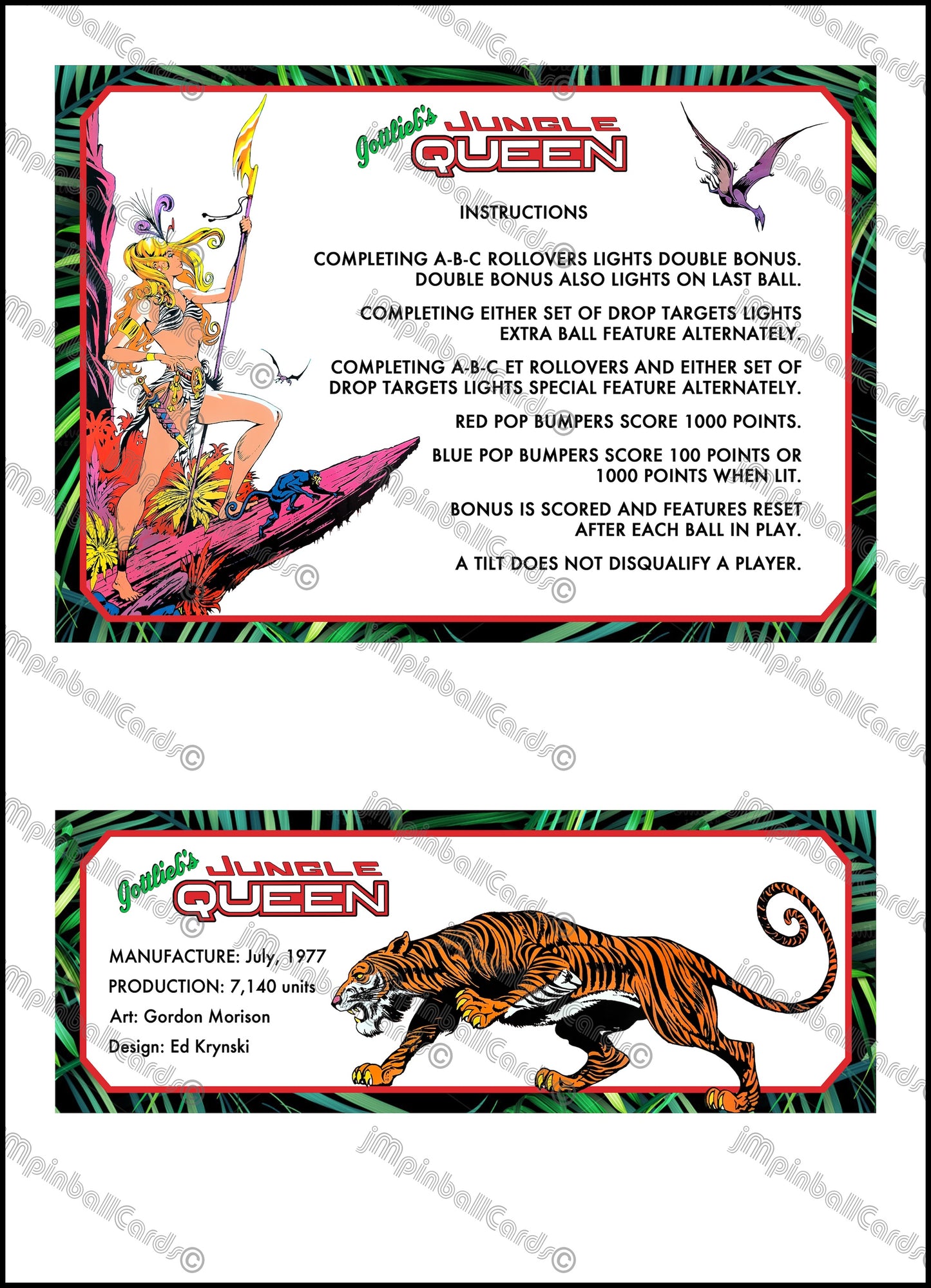 Gottlieb Jungle Queen 1977 Game Cards Instructions Pinball Custom Apron printed rules