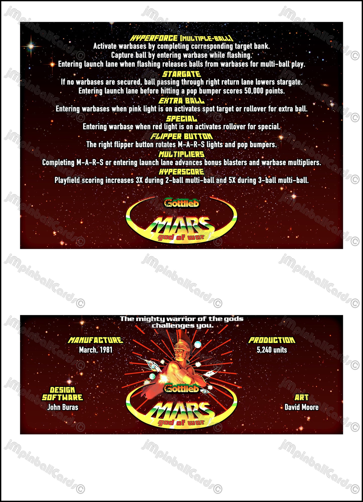 Instrucciones de las tarjetas del juego Gottlieb Mars God of War 1981, reglas impresas del delantal personalizado de pinball