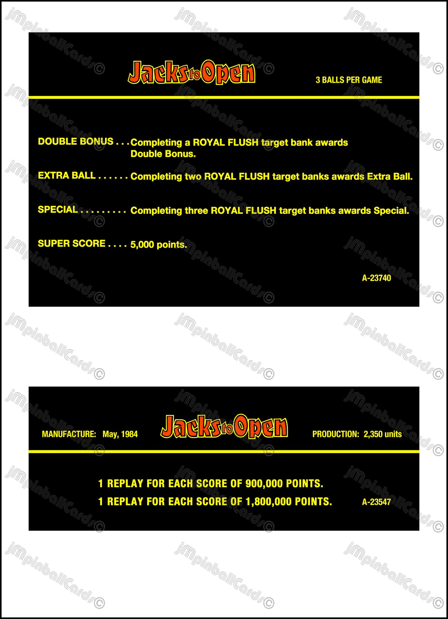 Gottlieb Jacks To Open 1984 Jeu Cartes Instructions Flipper Custom Apron règles imprimées