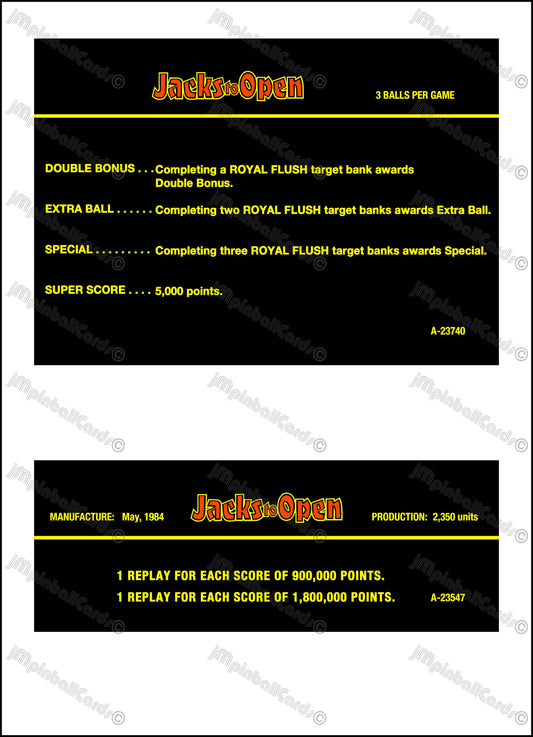 Gottlieb Jacks To Open 1984 Jeu Cartes Instructions Flipper Custom Apron règles imprimées