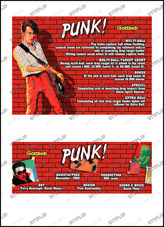 Instrucciones de las tarjetas del juego Gottlieb PUNK 1982 Delantal personalizado de pinball con reglas impresas