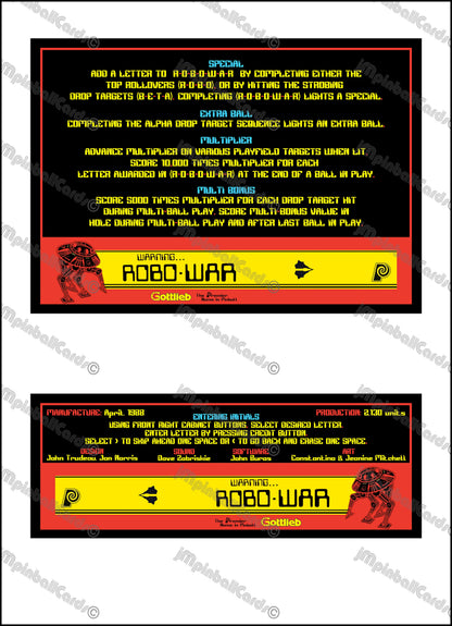 Gottlieb Robo-war 1988 Jeu Cartes Instructions Flipper Custom Apron règles imprimées Robowar
