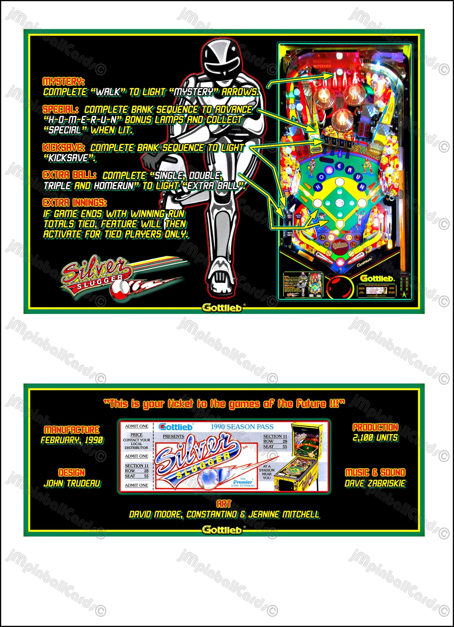 Gottlieb Silver Slugger 1990 Jeu Cartes Instructions Flipper Custom Apron règles imprimées