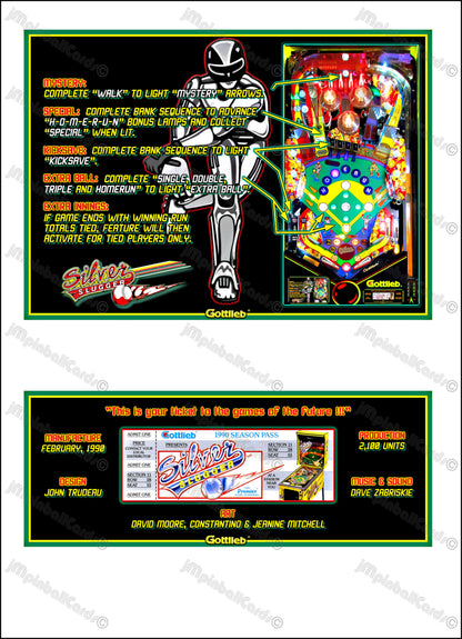 Instrucciones de las tarjetas del juego Gottlieb Silver Slugger 1990, reglas impresas del delantal personalizado de Pinball