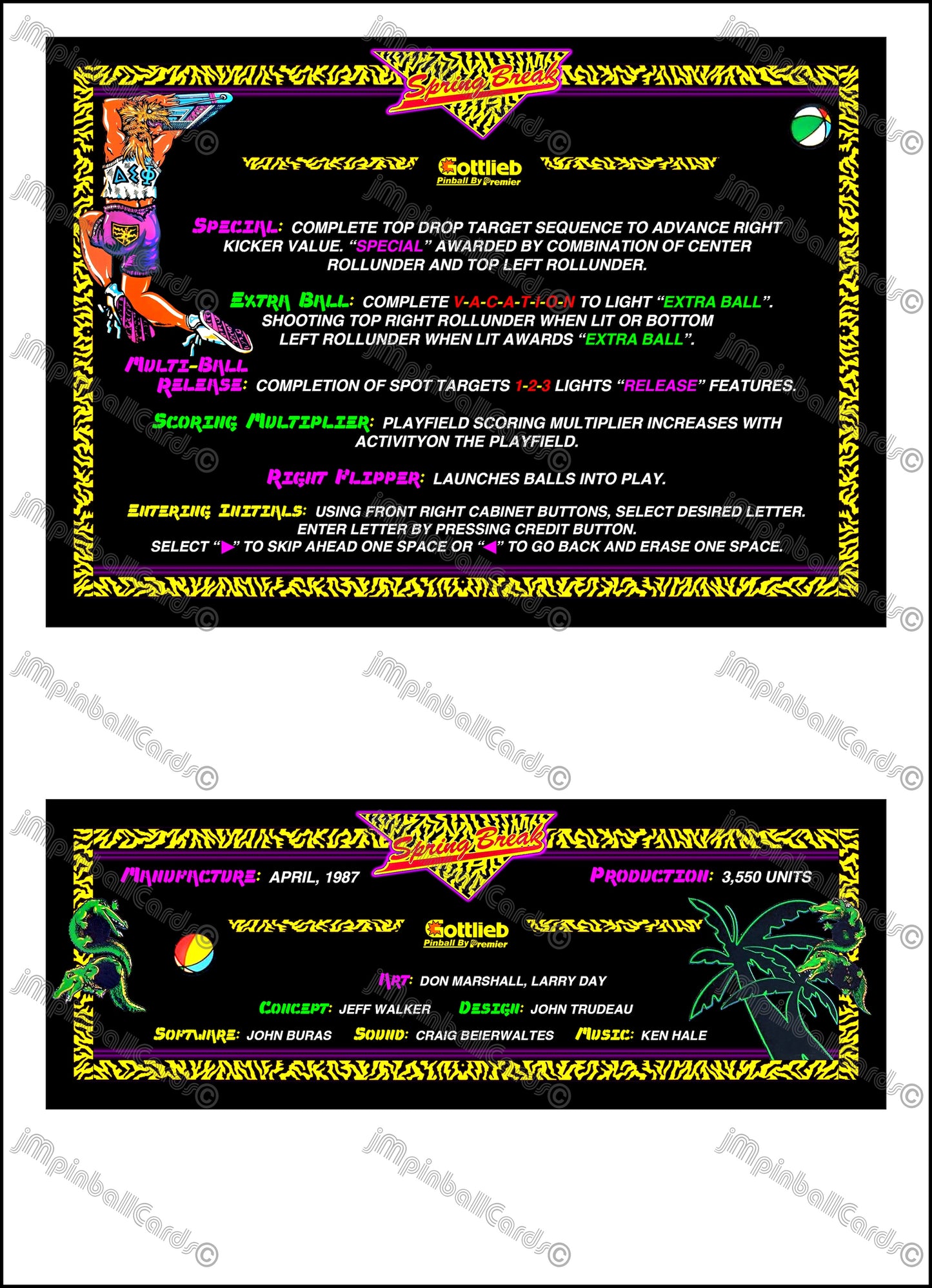 Instrucciones para tarjetas de juego de pinball Gottlieb Spring Break 1987: tarjetas de pinball personalizadas con impresión de delantal