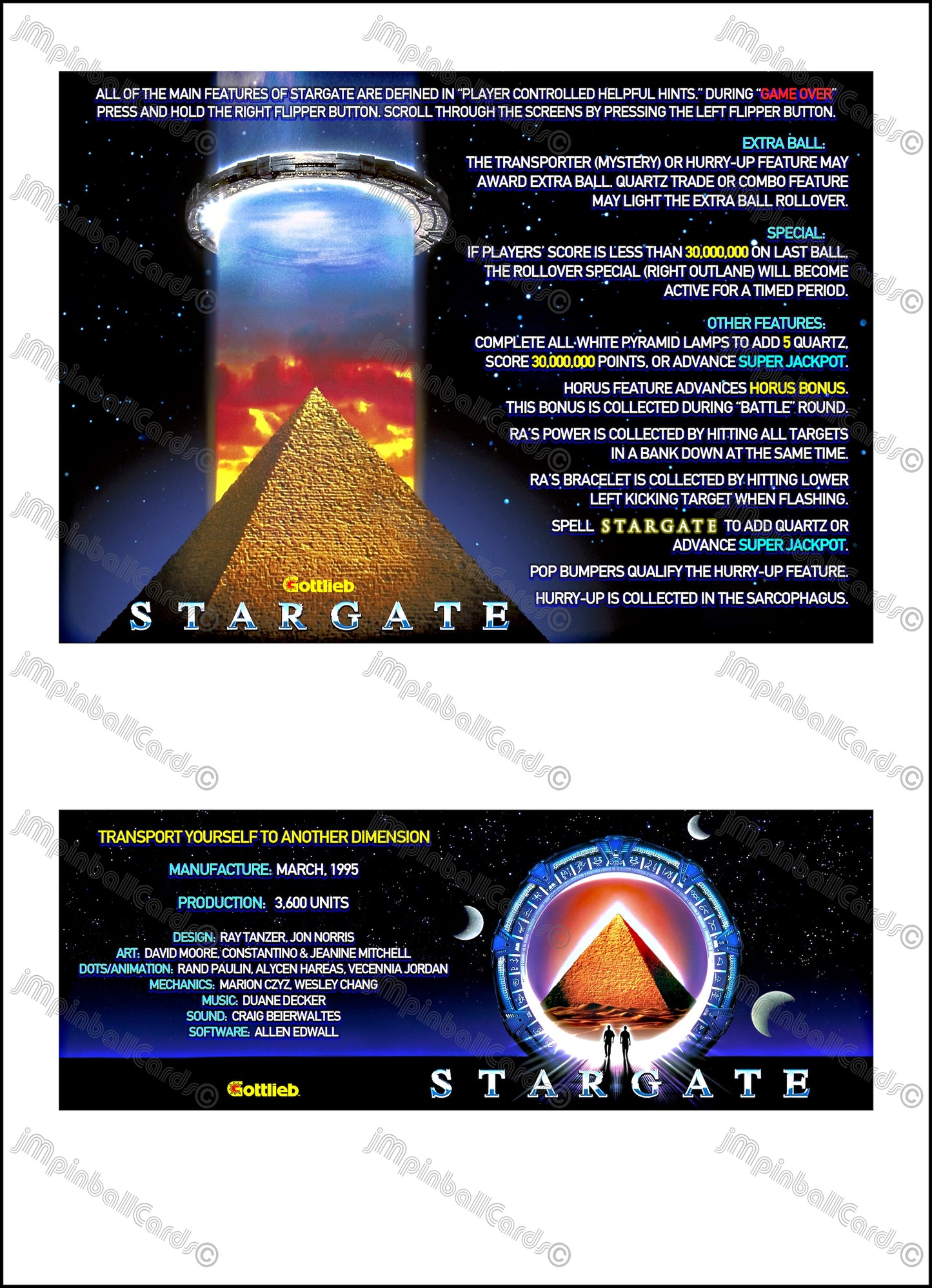 Instrucciones de las tarjetas del juego Gottlieb Stargate 1995, versión Pinball 1, tarjetas de delantal de pinball con impresión personalizada