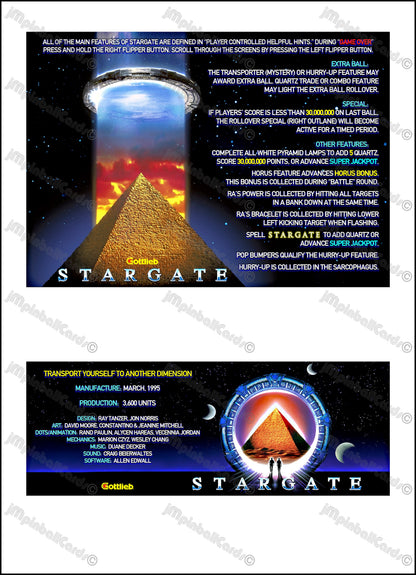 Gottlieb Stargate 1995 Game Cards Instructions Pinball Custom Apron Printed Rules V1