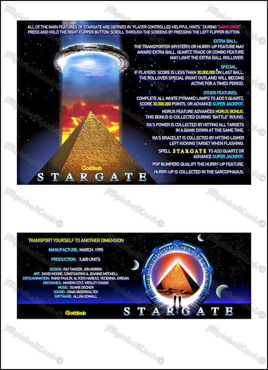 Gottlieb Stargate 1995 Jeu Cartes Instructions Flipper Custom Apron règles imprimées V1