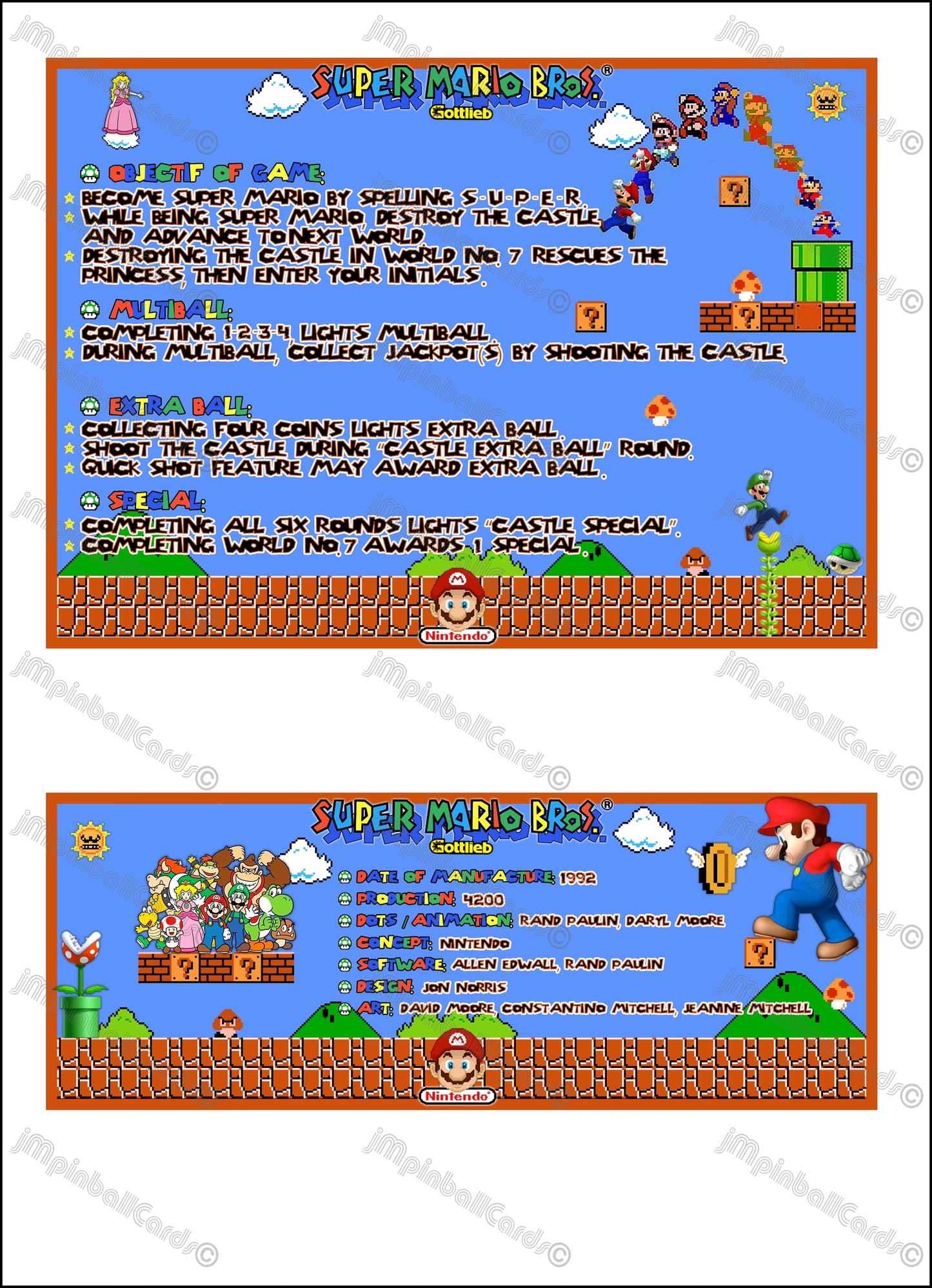 Instrucciones de las tarjetas de juego Gottlieb Super Mario Bros 1992 Pinball - Tarjetas de pinball personalizadas con impresión personalizada