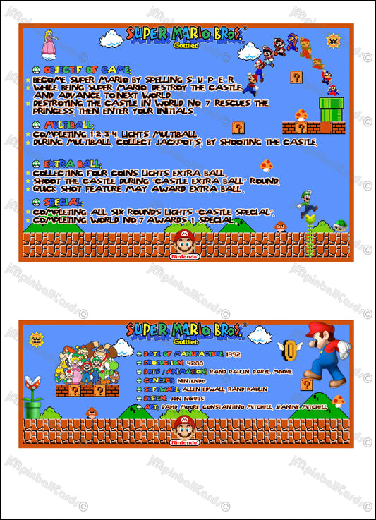 Instrucciones de las tarjetas de juego Gottlieb Super Mario Bros 1992 Pinball - Tarjetas de pinball personalizadas con impresión personalizada