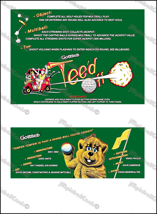 Instrucciones de las tarjetas de juego Gottlieb TEE'D OFF 1993 Pinball - Tarjetas de delantal de pinball con impresión personalizada