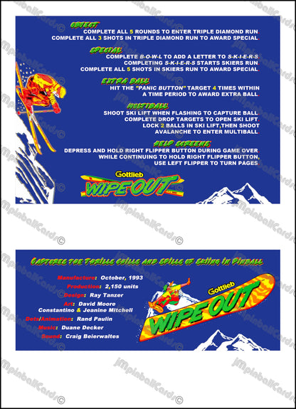 Instrucciones de las tarjetas del juego Gottlieb Wipe Out 1993, reglas impresas del delantal personalizado de pinball
