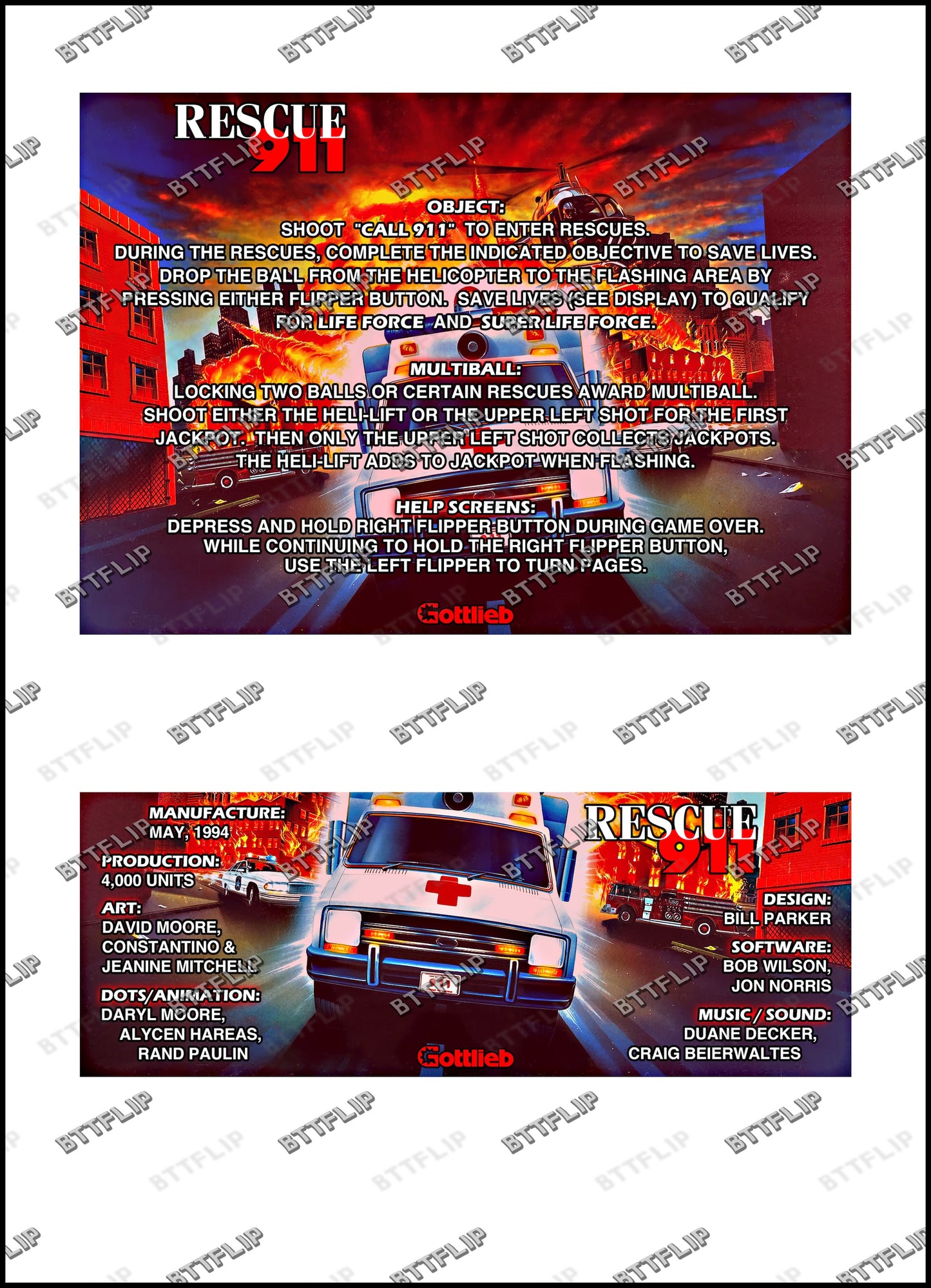 Gottlieb 1994 RESCUE 911 Jeu Cartes Instructions Flipper Custom Apron règles imprimées