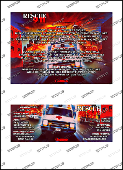 Instrucciones de las tarjetas del juego Gottlieb 1994 RESCUE 911 Pinball Delantal personalizado reglas impresas
