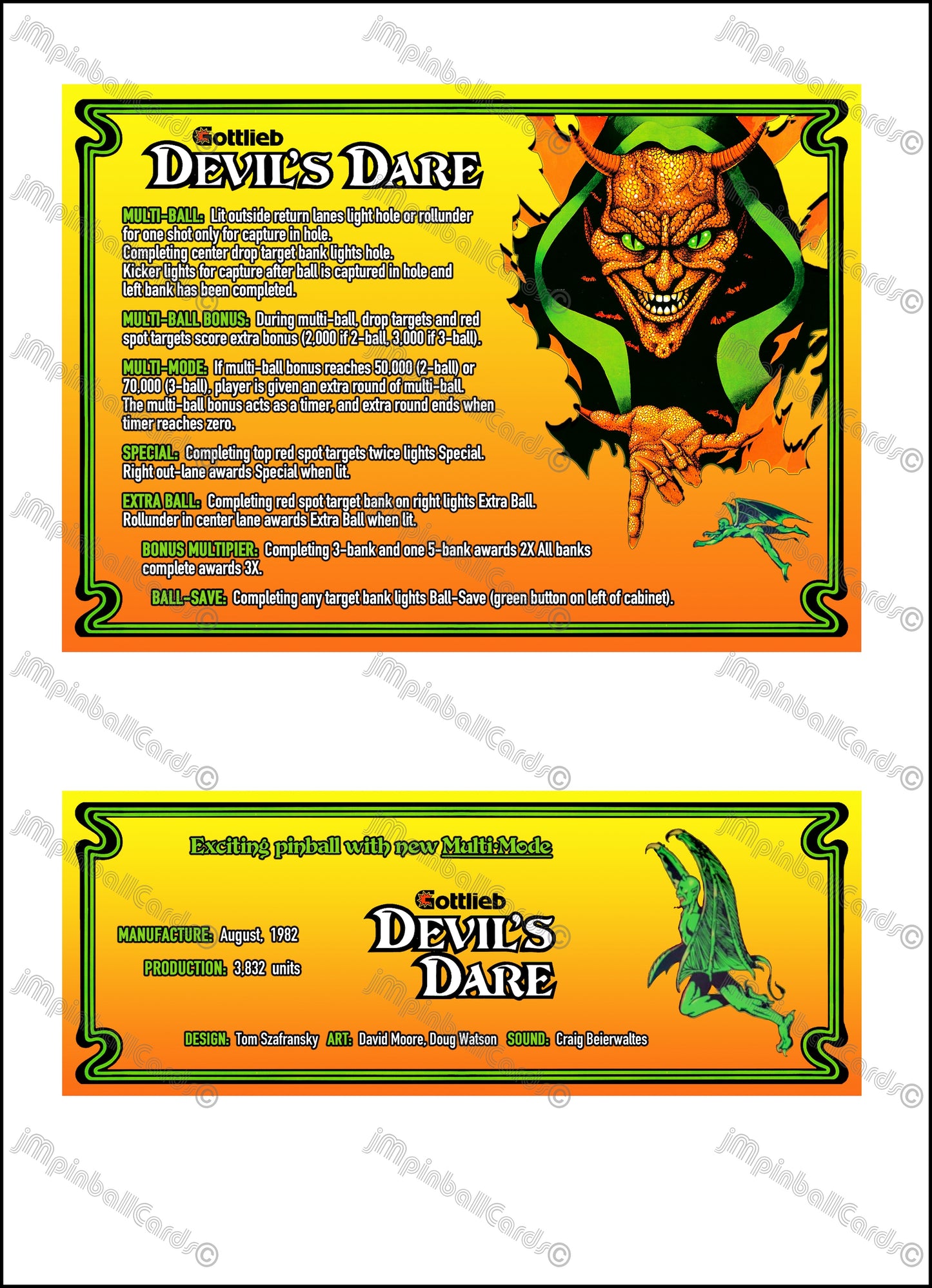 Instrucciones de las tarjetas del juego Gottlieb Devil's Dare 1982, versión 1 de pinball, tarjetas de delantal de pinball con impresión personalizada