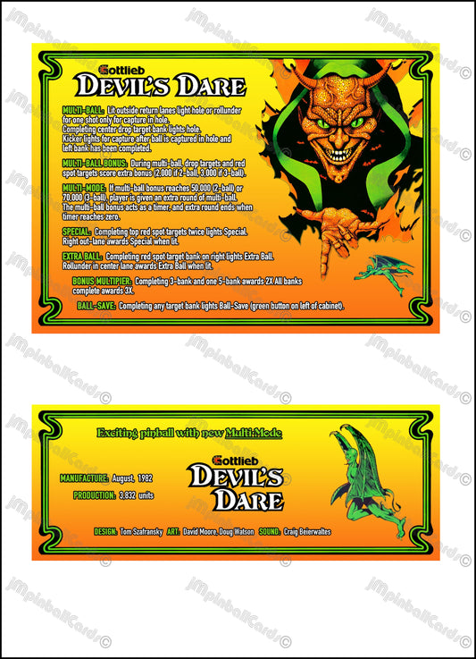 Instrucciones de las tarjetas del juego Gottlieb Devil's Dare 1982, versión 1 de pinball, tarjetas de delantal de pinball con impresión personalizada
