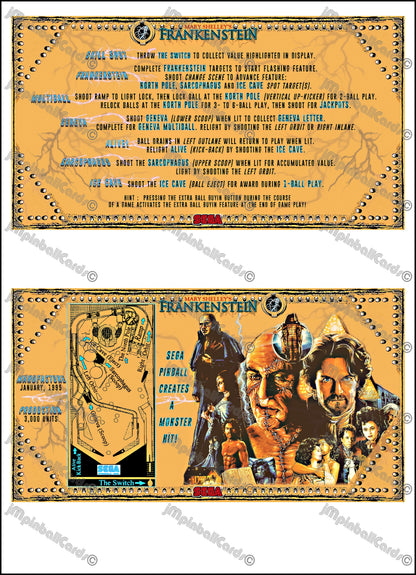 Instrucciones de las tarjetas del juego SEGA Mary Shelley's Frankenstein 1995 Delantal personalizado de pinball con reglas impresas