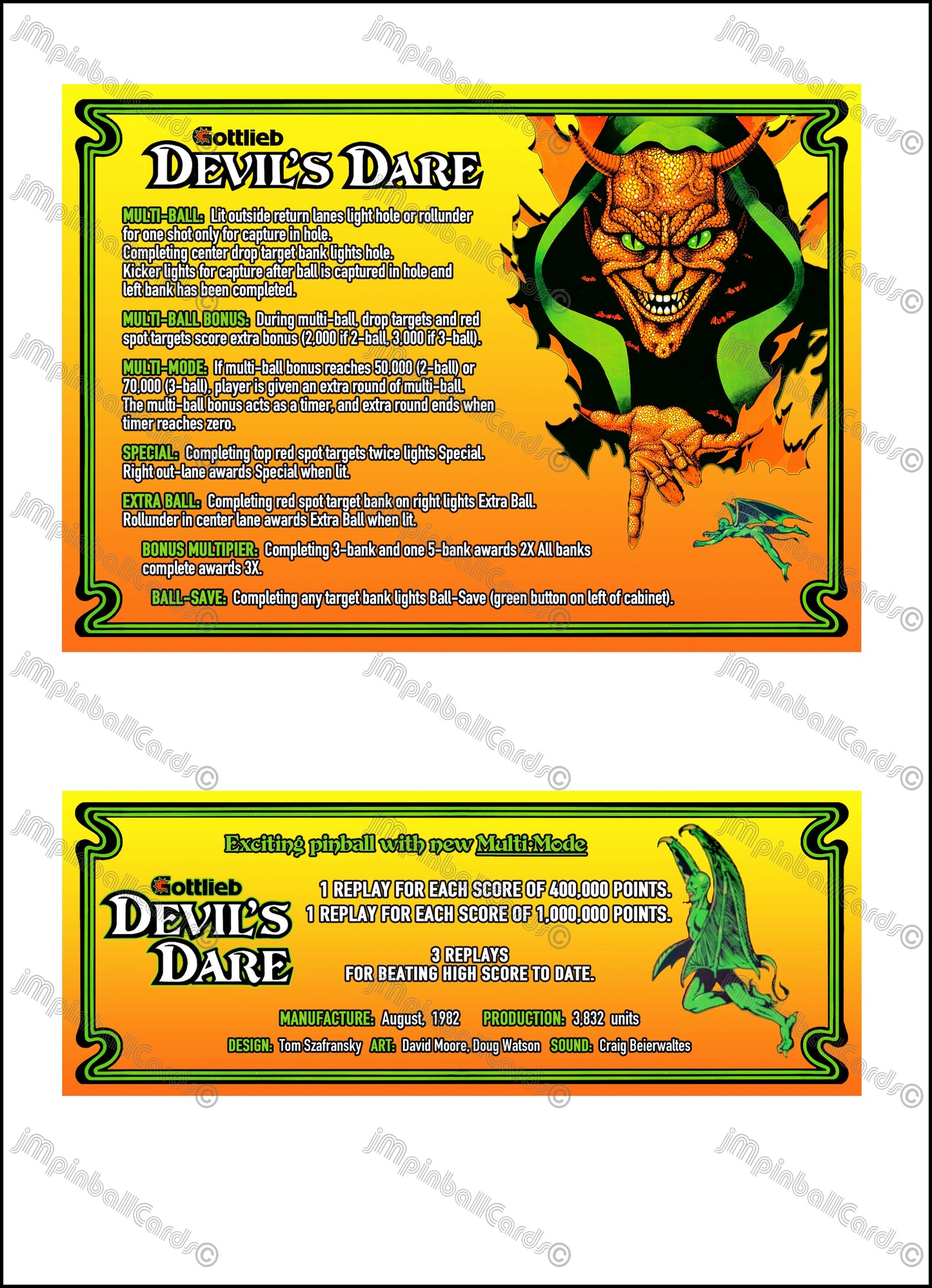 Instrucciones de las tarjetas del juego Gottlieb Devil's Dare 1982, versión 1 de pinball, tarjetas de delantal de pinball con impresión personalizada