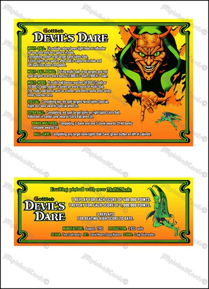 Gottlieb Devil's Dare 1982 Jeu Cartes Instructions Flipper Custom Apron règles imprimées V1
