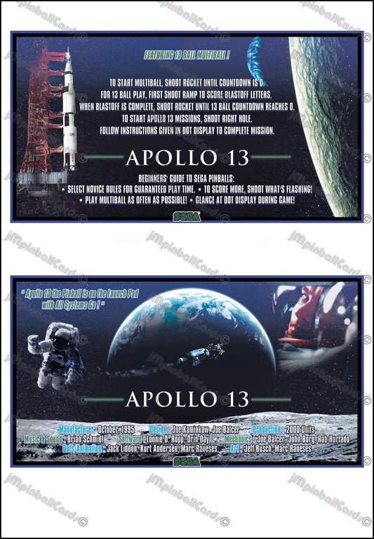 Instrucciones de las tarjetas de juego SEGA Apollo 13 de 1995 para pinball: tarjetas de pinball personalizadas con impresión personalizada