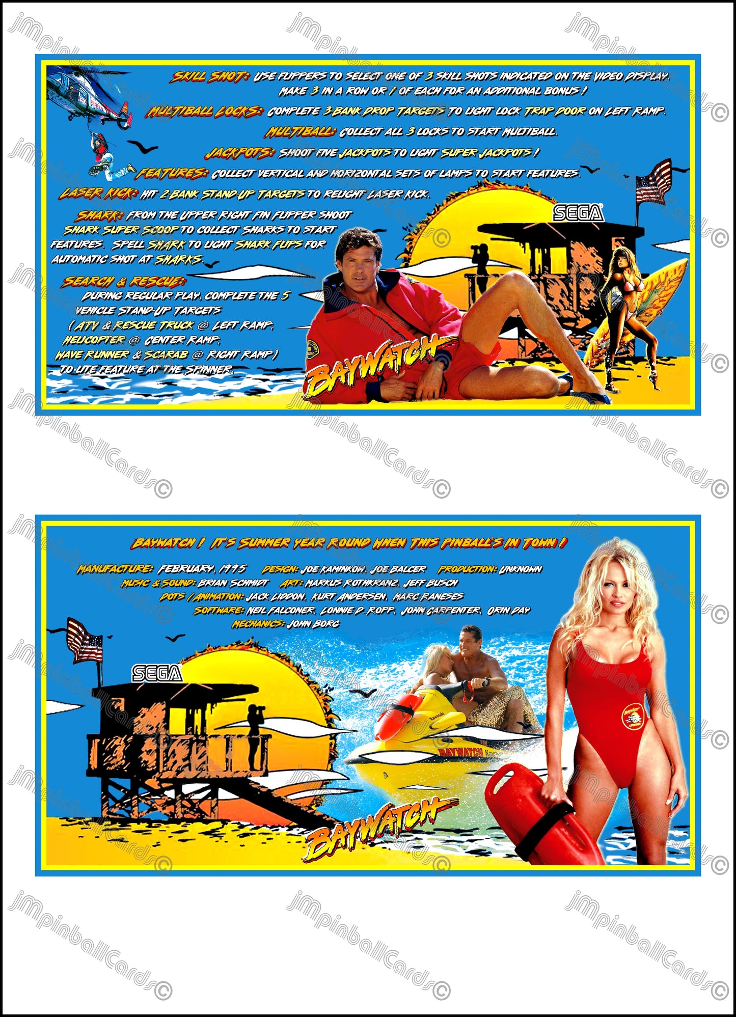 Instrucciones de las tarjetas del juego SEGA Baywatch 1995 Pinball - Tarjetas de pinball personalizadas con impresión personalizada