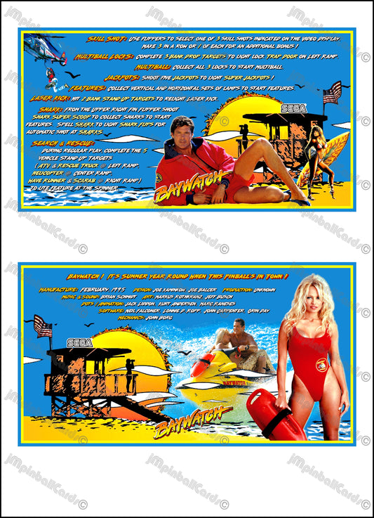 Instrucciones de las tarjetas del juego SEGA Baywatch 1995 Pinball - Tarjetas de pinball personalizadas con impresión personalizada