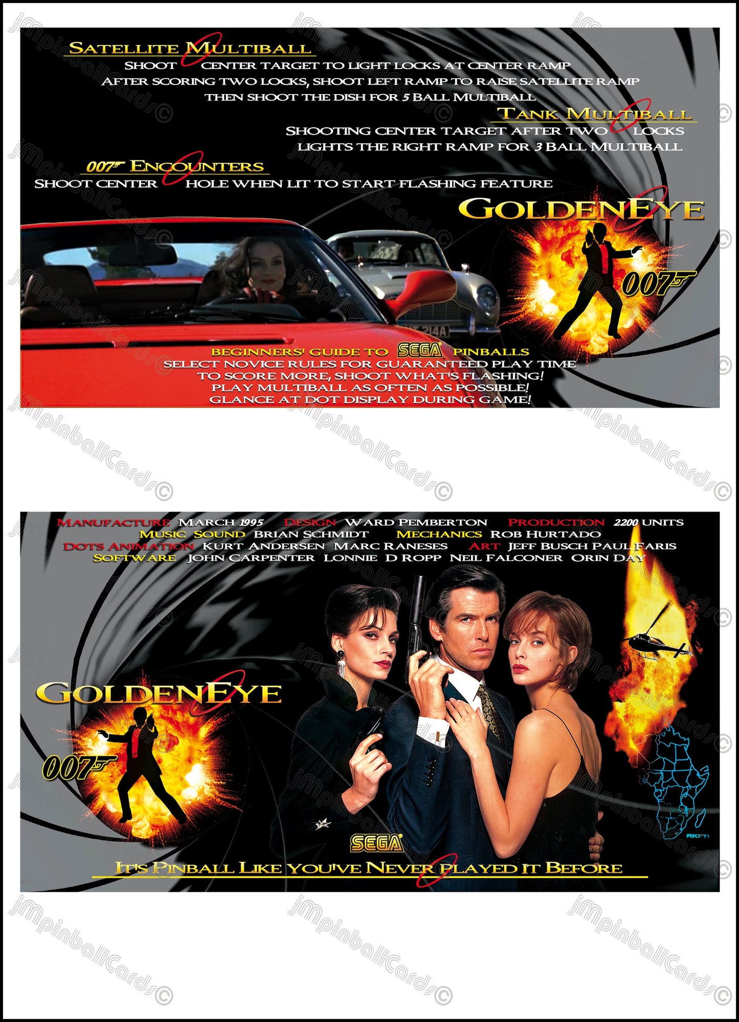 Instrucciones de las tarjetas de juego SEGA Golden Eye 007 James Bond 1996 Pinball - Tarjetas de pinball personalizadas con impresión personalizada