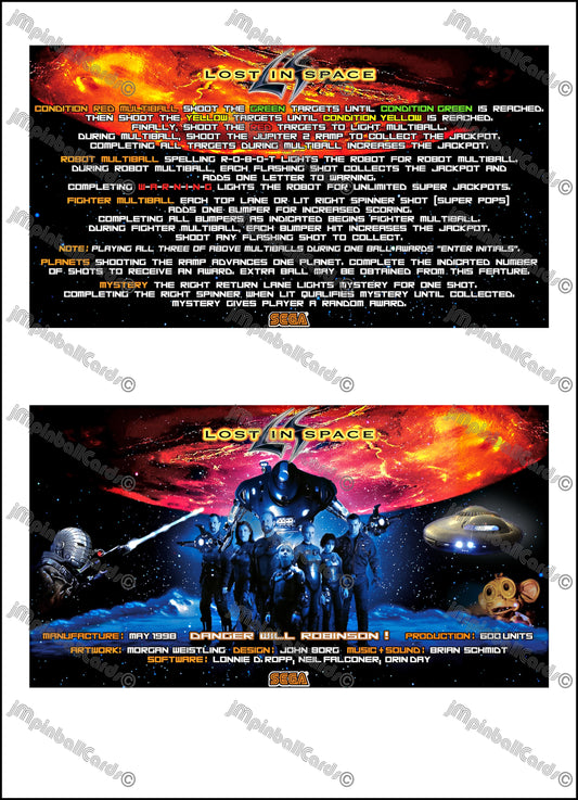SEGA Lost In Space 1998 Jeu Cartes Instructions Flipper Custom Apron règles imprimées