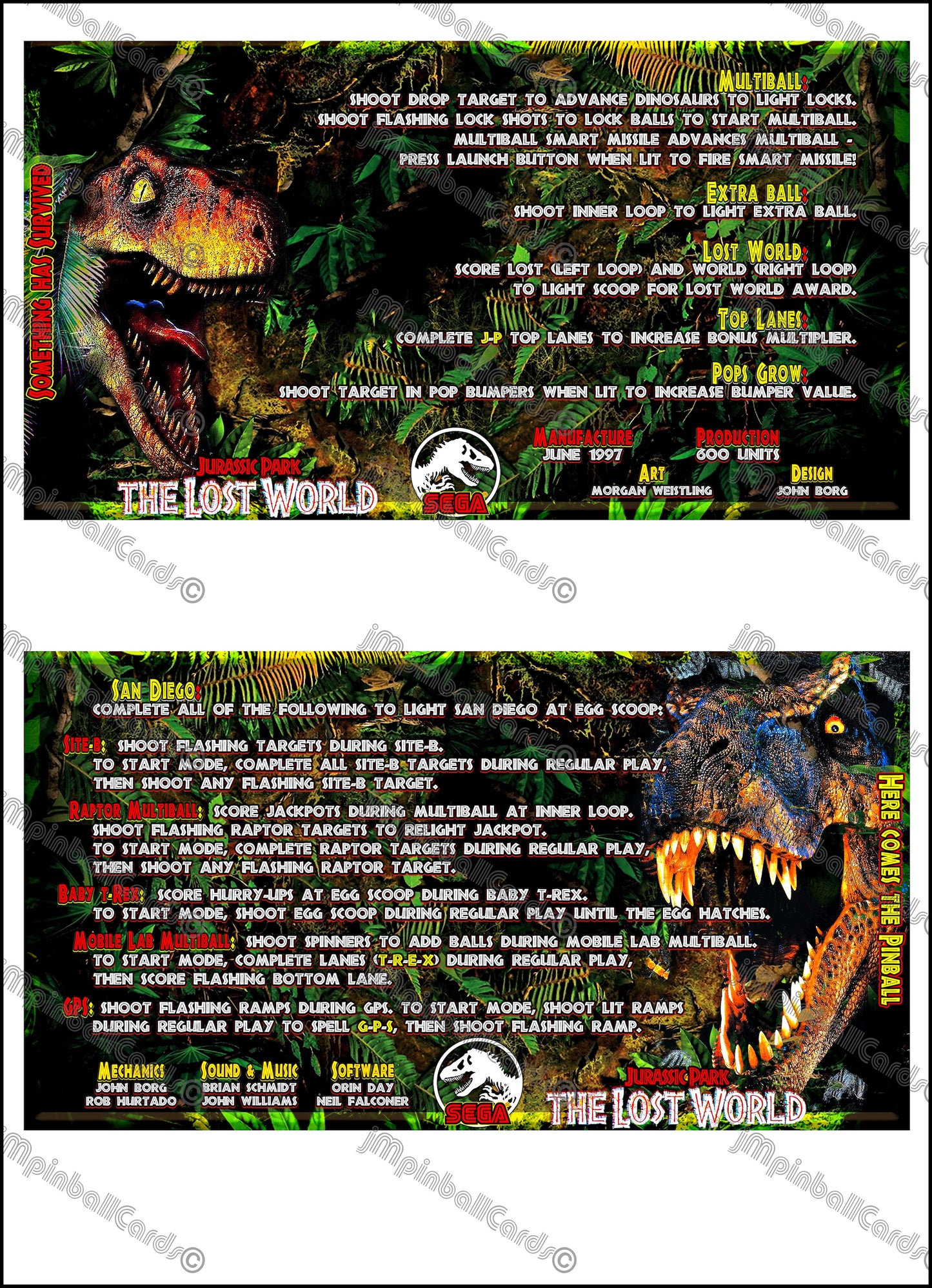 Instrucciones de las tarjetas del juego SEGA The Lost World Jurassic Park 1997, tarjetas de pinball personalizadas con impresión de pinball.