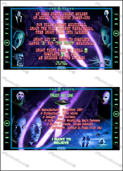 Instrucciones de las tarjetas del juego SEGA The X-Files 1997 Delantal personalizado de pinball con reglas impresas