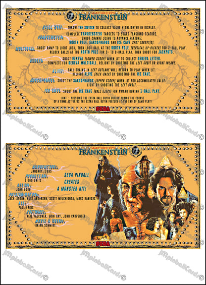 Instrucciones de las tarjetas del juego SEGA Mary Shelley's Frankenstein 1995 Delantal personalizado de pinball con reglas impresas