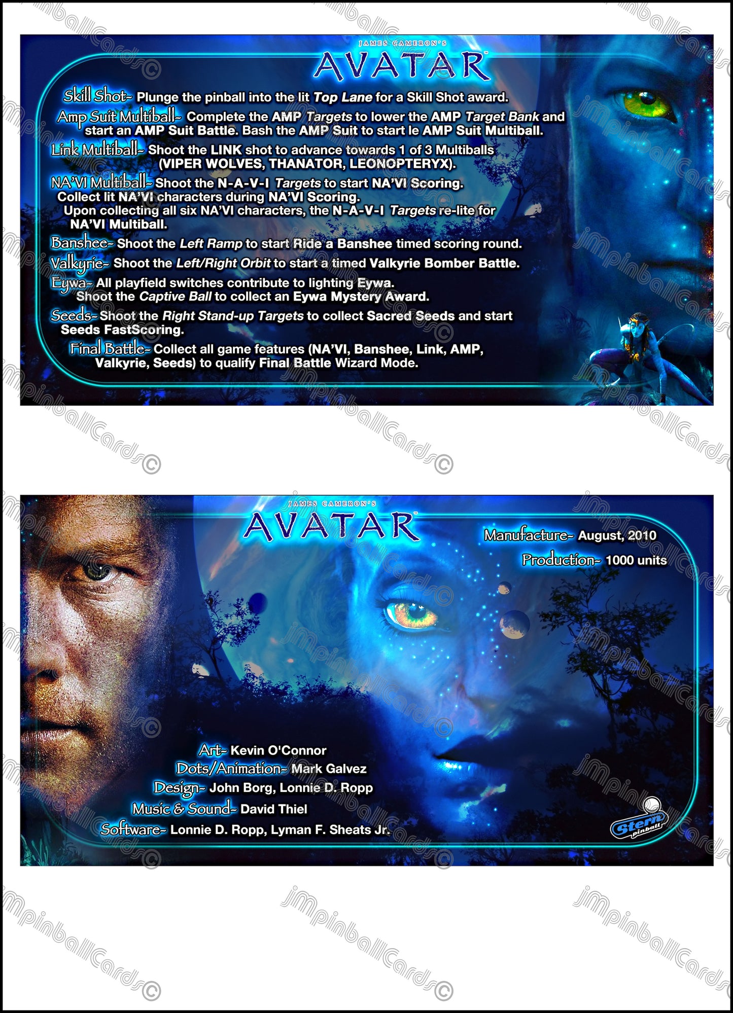 Instrucciones de las tarjetas del juego Stern Avatar 2010. Tarjetas de pinball personalizadas con impresión de pinball.