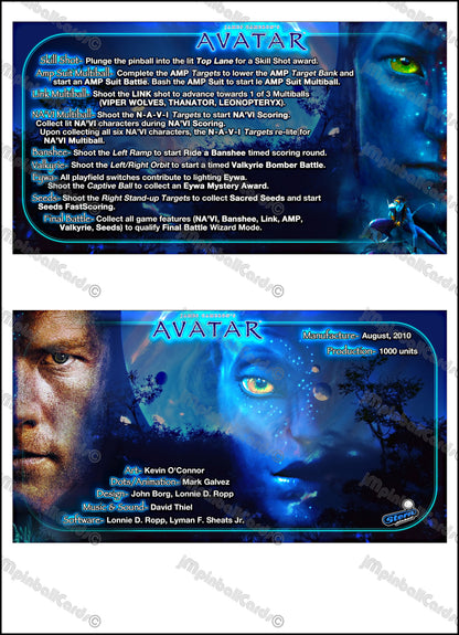 Stern Avatar 2010 Game Cards Instructions Pinball Custom Apron Printed Rules