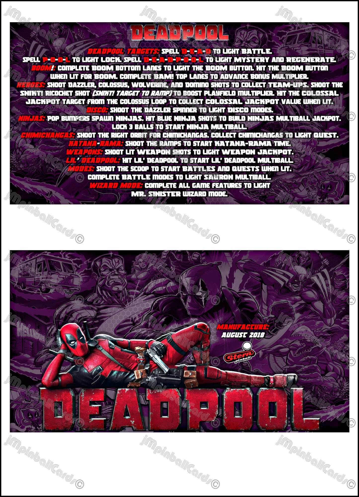 Instrucciones de las tarjetas del juego Stern Deadpool 2018, tarjetas de pinball personalizadas con impresión de delantal