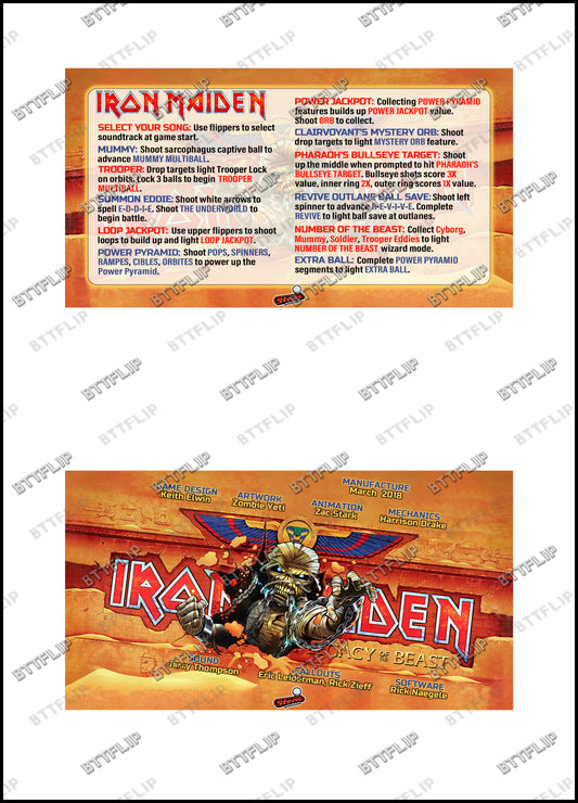Instrucciones de las tarjetas de juego premium de Stern Iron Maiden 2018, reglas impresas del delantal personalizado de Pinball