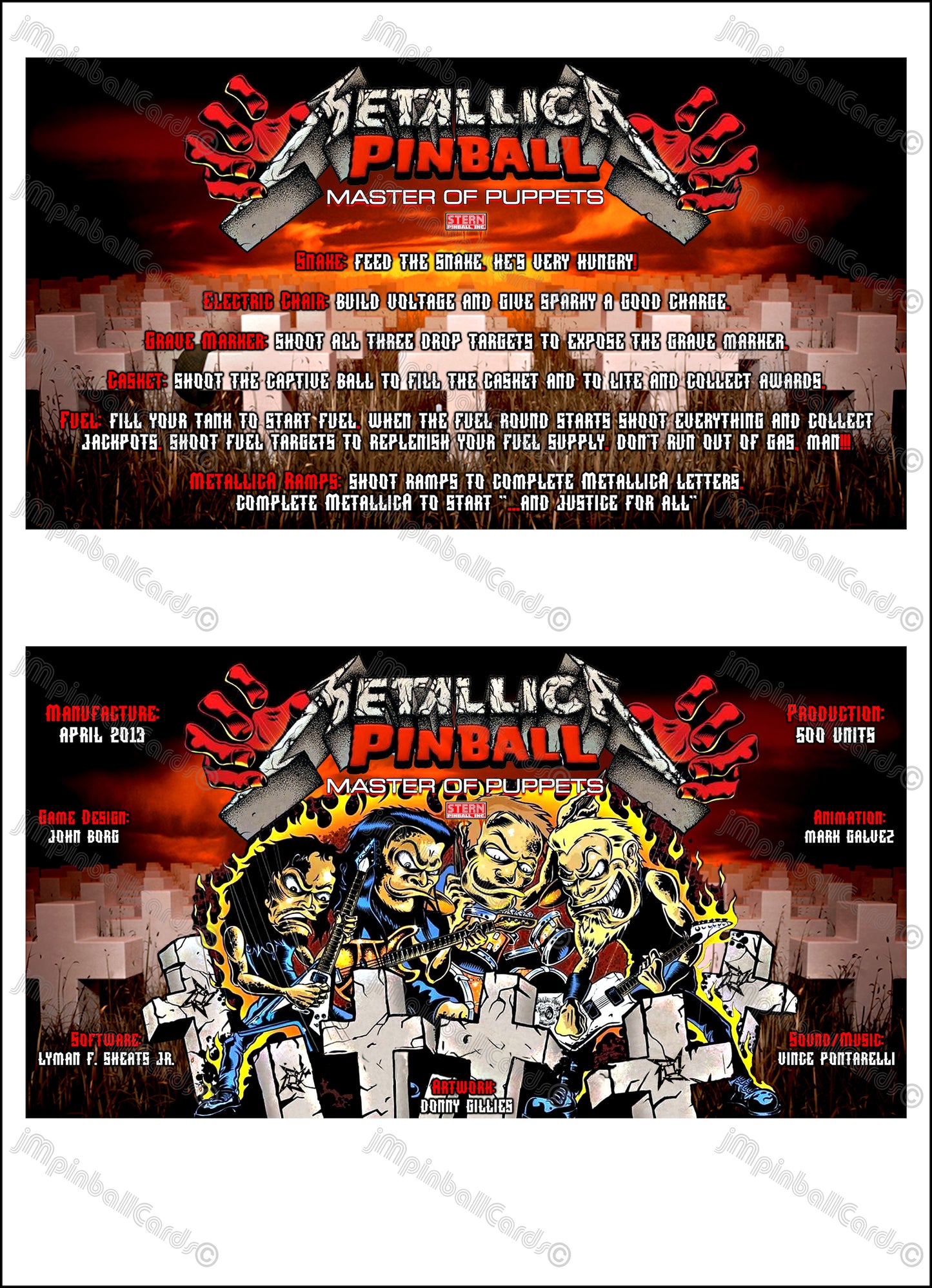 Instrucciones de las tarjetas de juego Stern Metallica Master of Puppets 2013 para pinball: Delantal de pinball con impresión personalizada